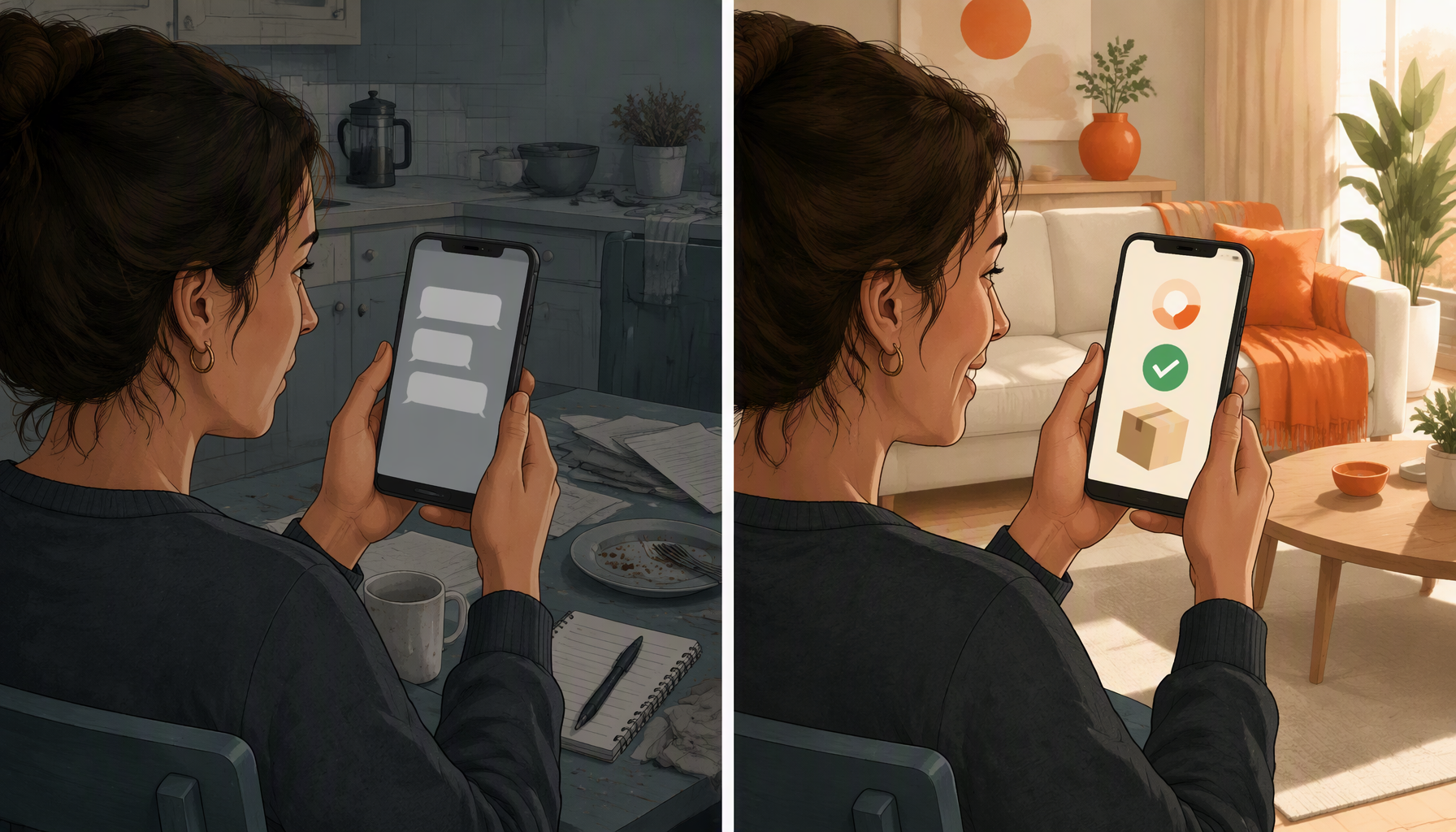 Split illustration: left, a woman frowns at a blank grey chat on her phone; right, she smiles at a delivery confirmation.