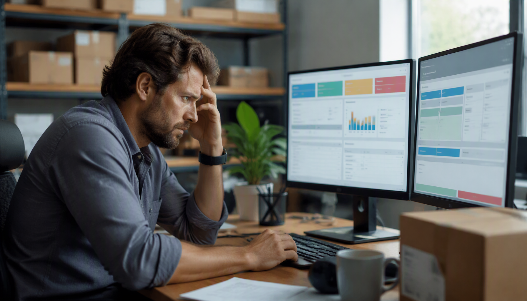 Operations manager at two monitors showing warehouse inventory data on one screen and a shipping label interface on the other