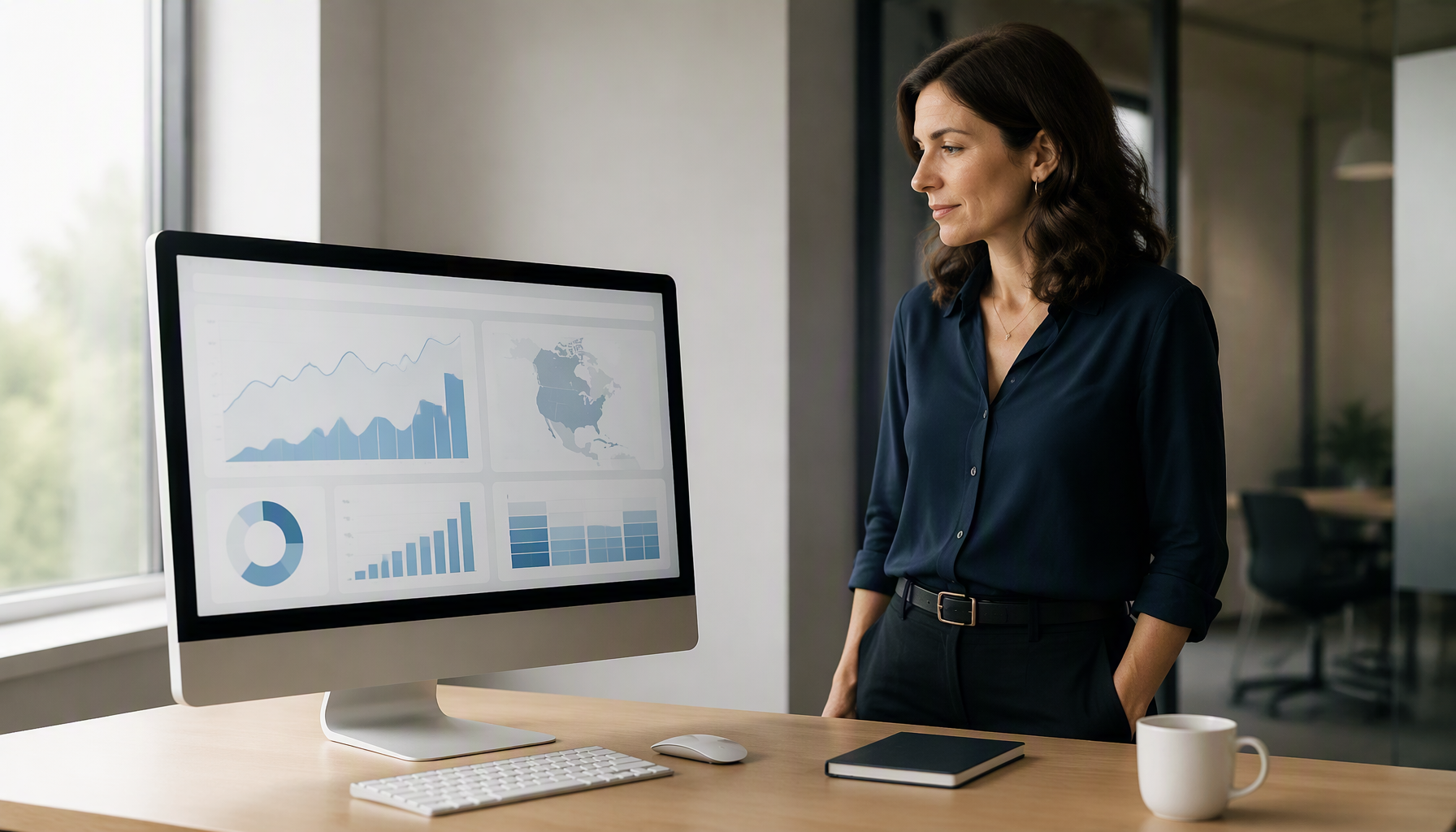 An ecommerce operations manager reading a shipping analytics dashboard on a desktop monitor
