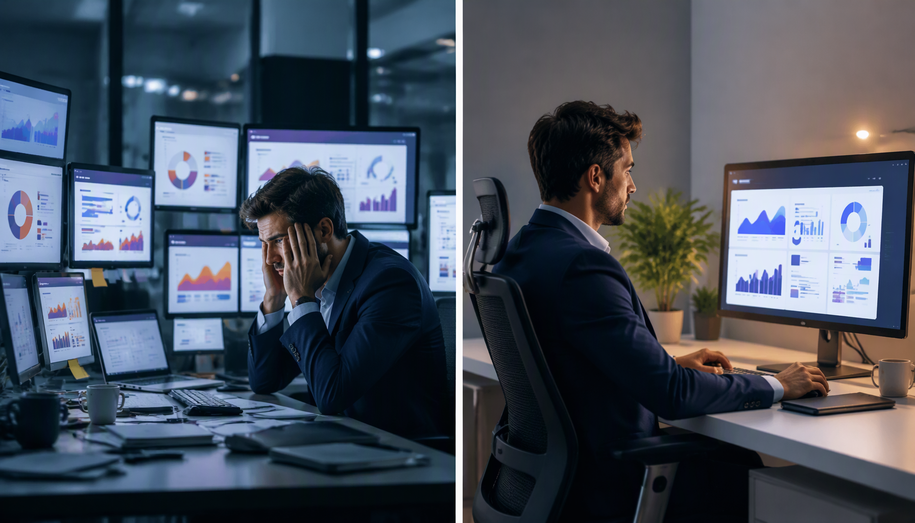 Split image contrasting an operations manager surrounded by disconnected software screens with the same manager reviewing one unified post-purchase dashboard