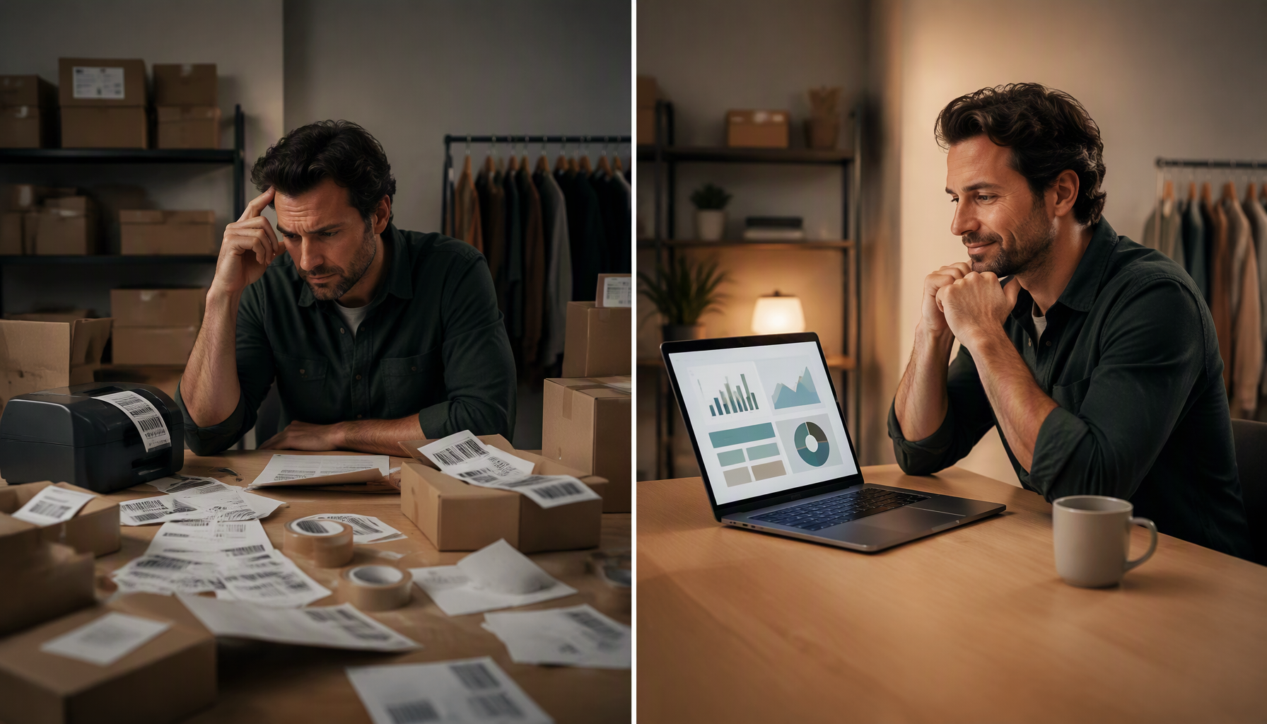 Split view of a small business owner at a desk buried in shipping labels, then at a clear desk reviewing an organised shipping dashboard on a laptop