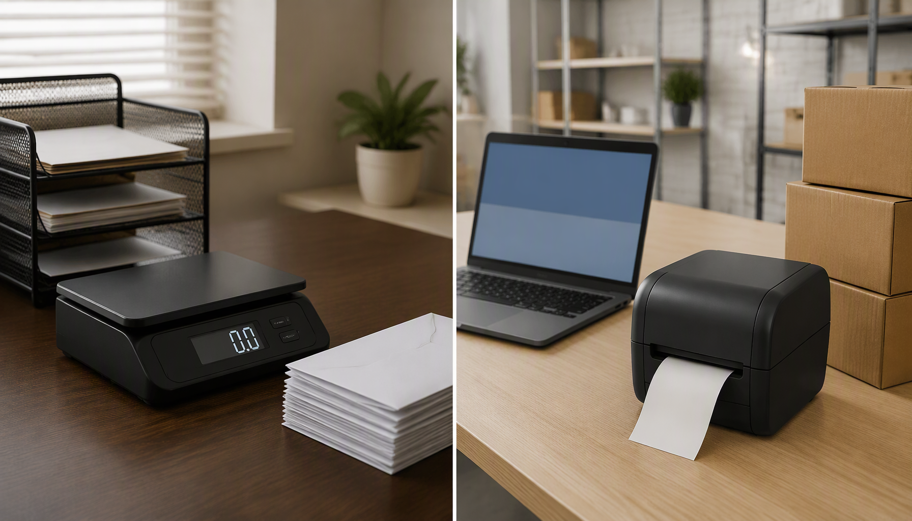 Office desk with a postage scale and envelopes beside a packing bench with a label printer and parcels