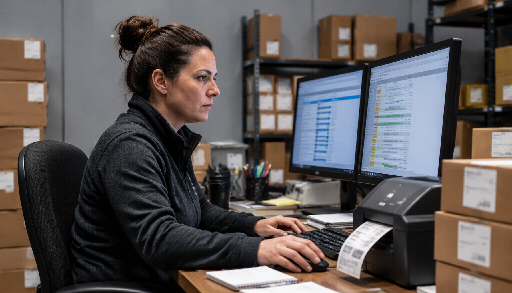 An e-commerce operations manager at a cluttered warehouse desk, working between an inbox, a shipping dashboard and a label printer