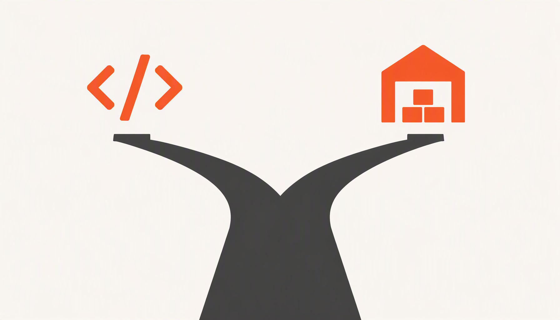 A road splitting into two paths, one marked with a software icon and one with a warehouse icon