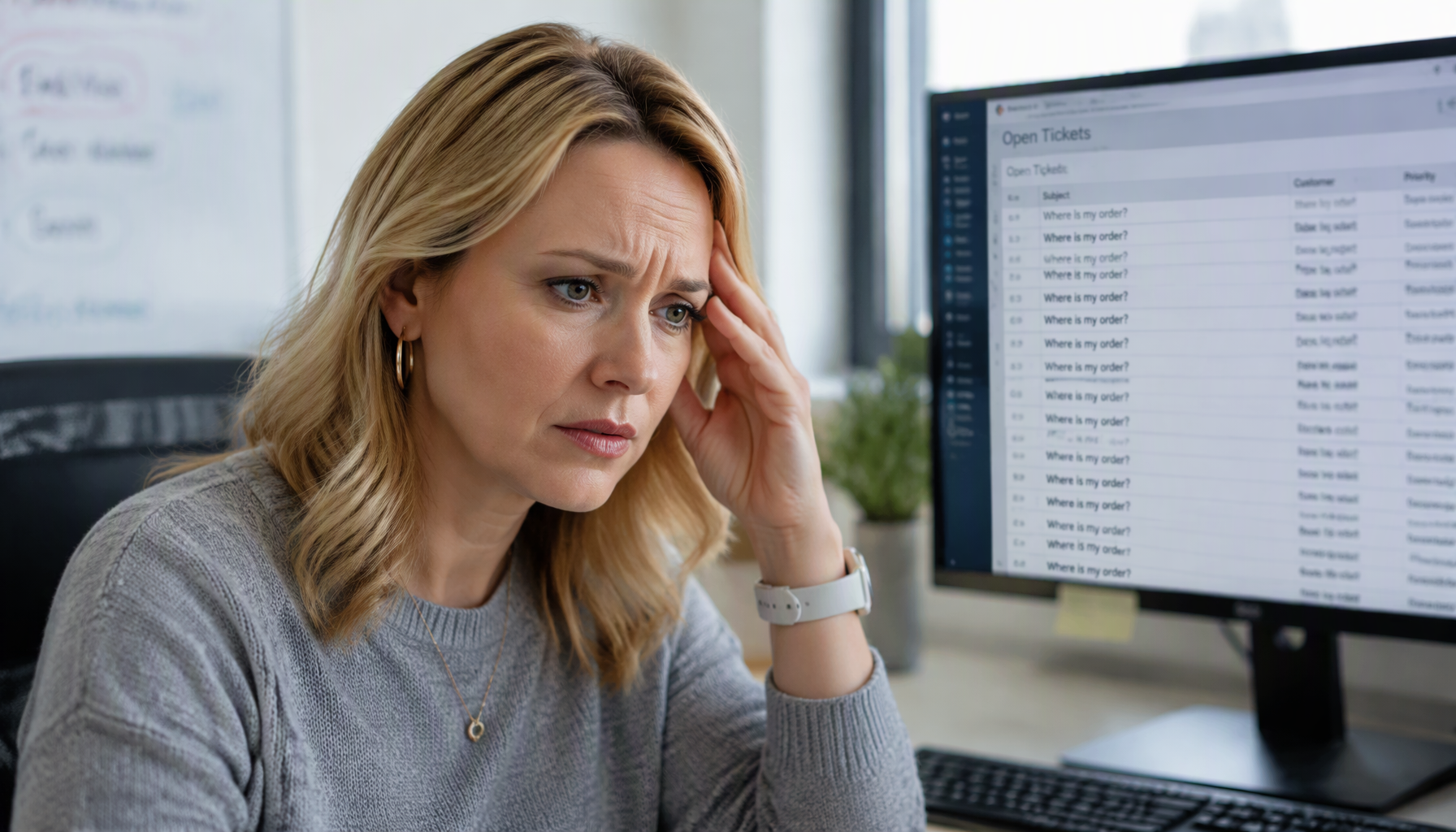 Support manager at a monitor showing a queue of Where is my order tickets