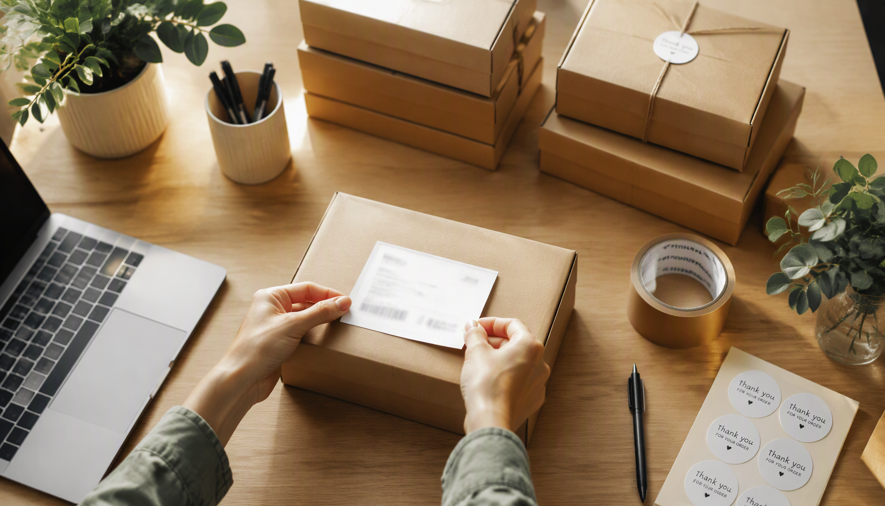 Hands placing a freshly printed shipping label on a kraft paper box at a tidy home packing station