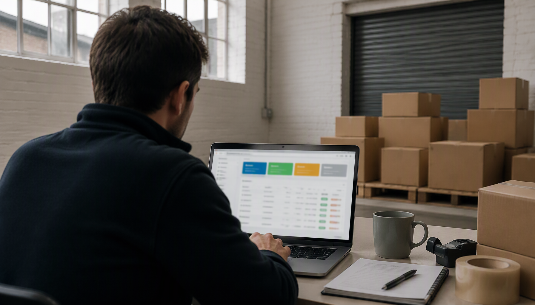 An operations manager reviewing a shipping dashboard on a laptop in a UK warehouse office, parcels stacked behind.