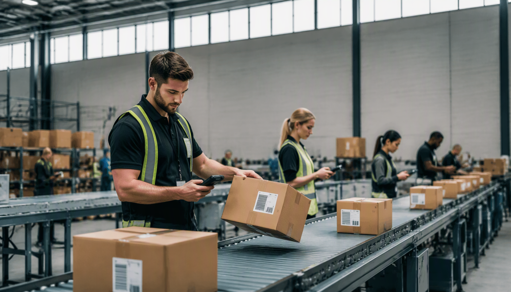 Warehouse staff scanning packages beside a conveyor line in a modern fulfillment center
