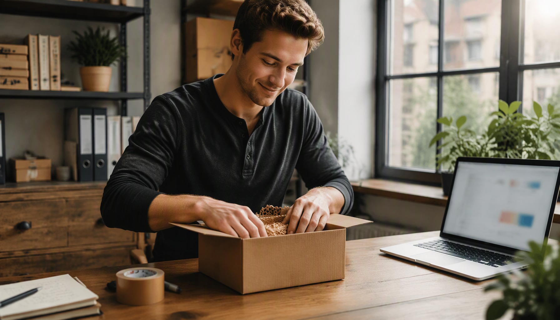 A founder packs an order into a kraft shipping box at a home office desk beside a laptop.