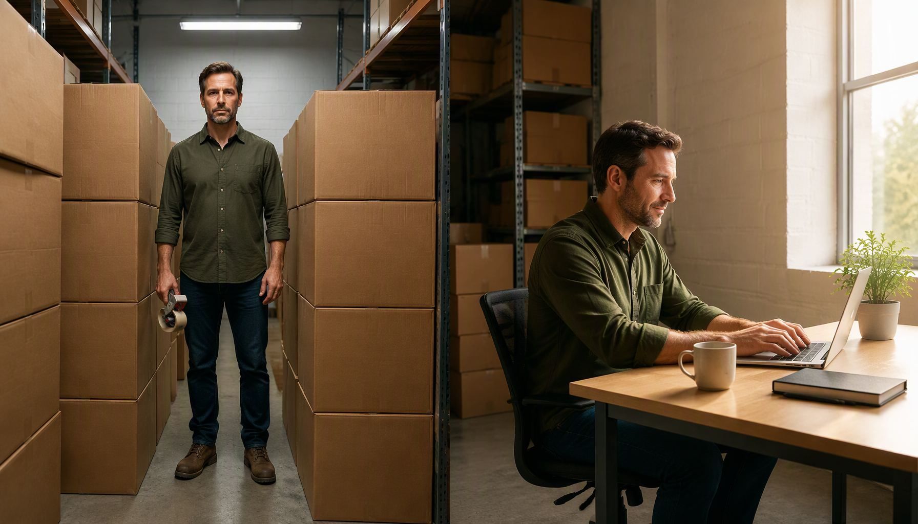 Split scene: the owner boxed in by stacked cartons, then seated at a laptop in warm window light.