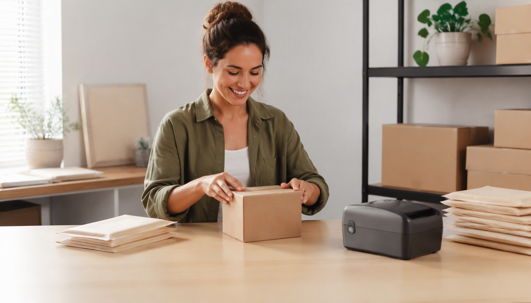 Small online seller packing an order at a home workshop desk with a thermal label printer