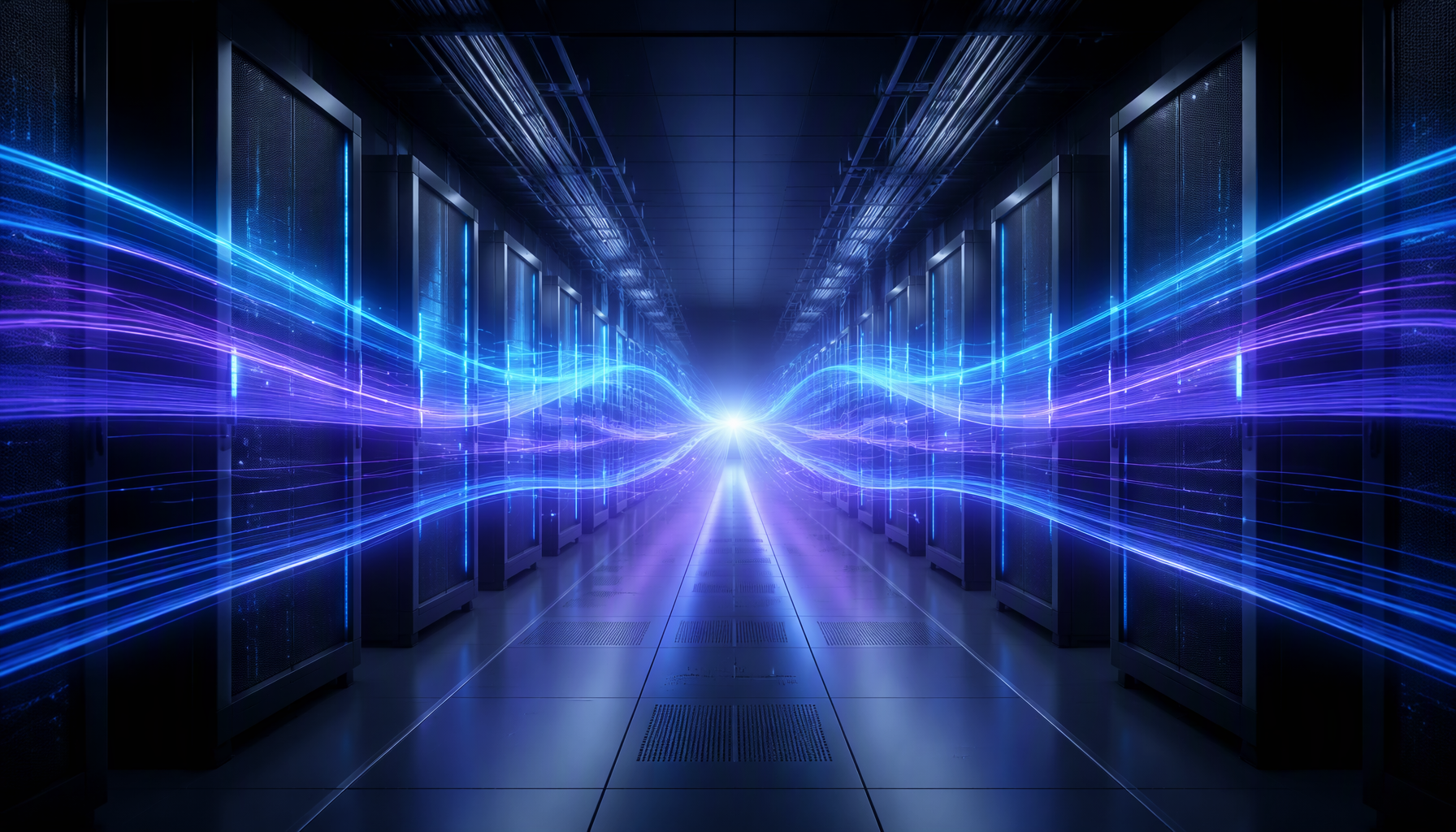 Glowing API data streams moving between servers in a dark data centre