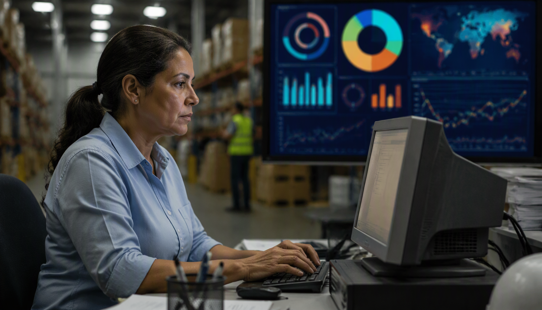 Logistics manager at an older desktop shipping station with a modern multi-carrier analytics dashboard on a screen behind