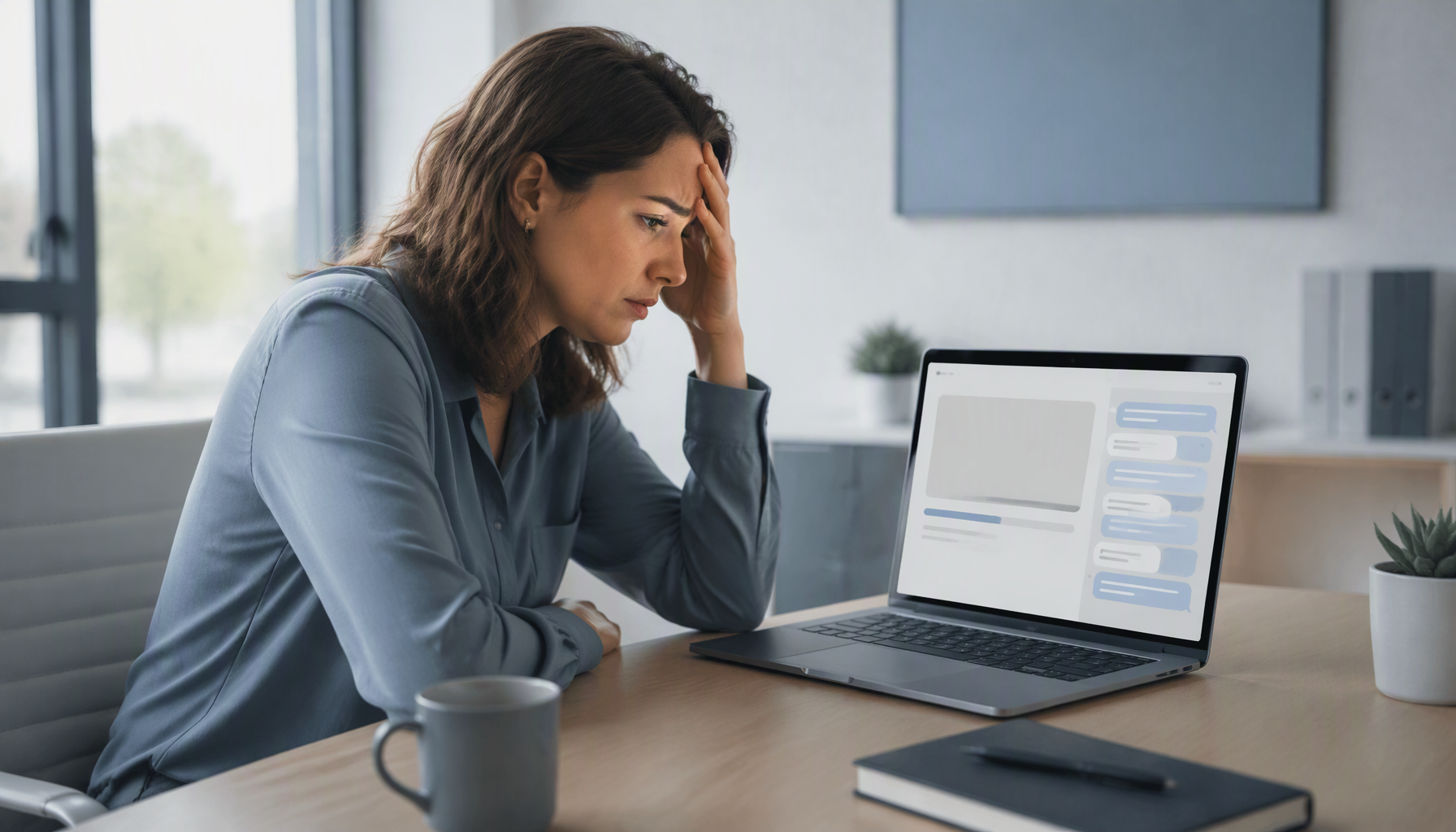 Frustrated eCommerce operations manager at a laptop showing a generic tracking page crowded with support chat bubbles