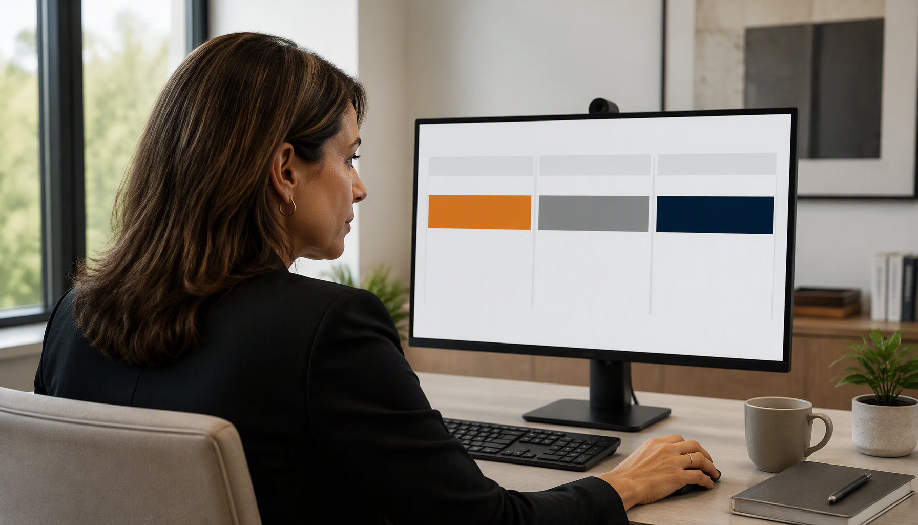 CX director reviewing a phased warranty migration plan on a monitor in a bright office