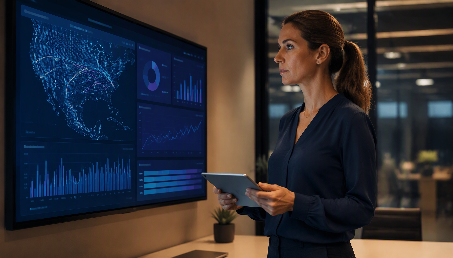Operations lead analyzing a shipping logistics dashboard on a large monitor in a modern office